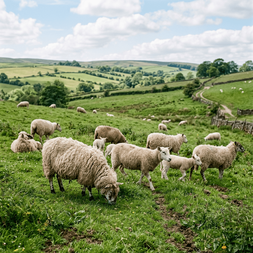 Sheep and lambs grazing on green grass in a countryside landscape